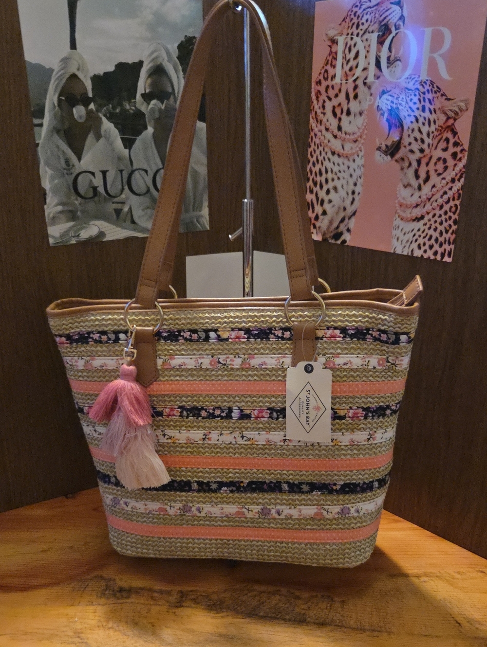 St. John's Bay Pink & Tan Striped Woven Tote with Tassel NWOT